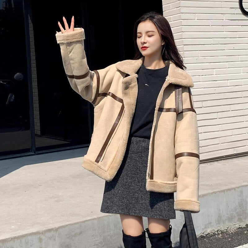 Fashion Deerskin Plush Cashmere Coat Women Clothing Autumn Winter Short Jackets Korean Lamb Hair Wool Coats Girls Tops