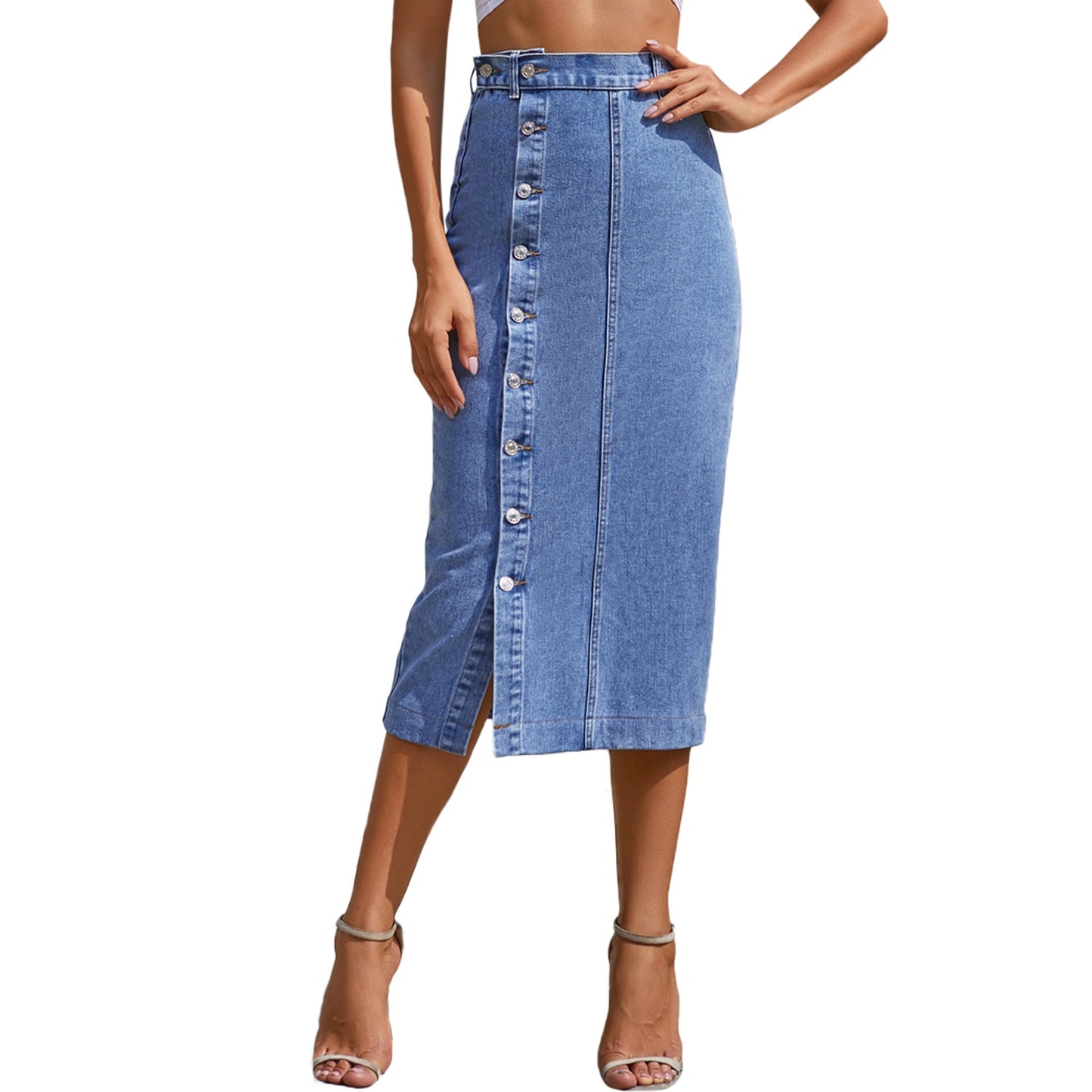 High Waist Split Midi Demin Skirt For Woman Summer Korean Style Jeans Skirts Ladies Blue Slim Button Streetwear Harajuku