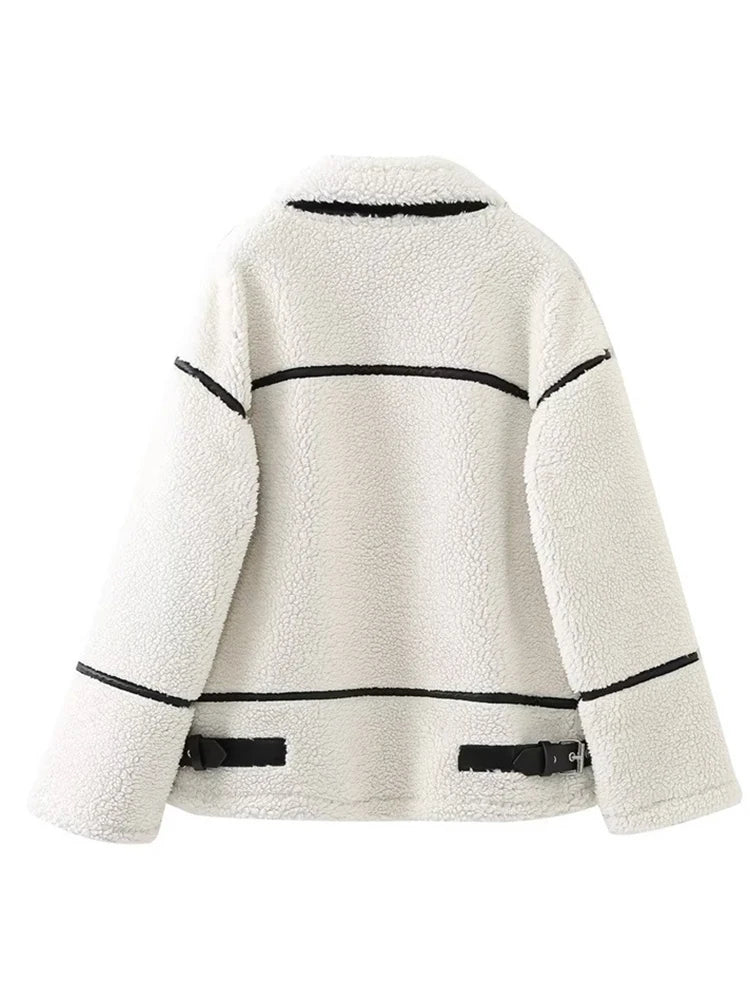 Fashion Women's Jackets Lapel Long Sleeves Zipper Loose Contart Color Patchwork Pockets Warm Coats Winter New