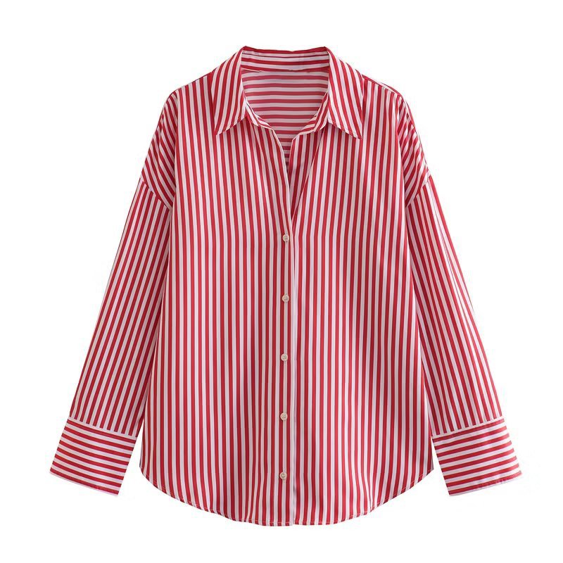 Women's long sleeved loose multi-color poplin shirt