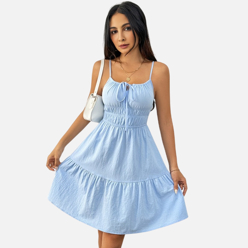 European and American sleeveless camisole dress with pleated A-line mid length skirt