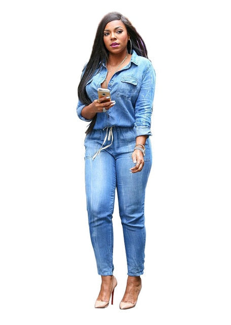 Vintage Jean Jumpsuit by Adogirl, Turn Down Collar. Long Sleeve, Denim, Bodysuits