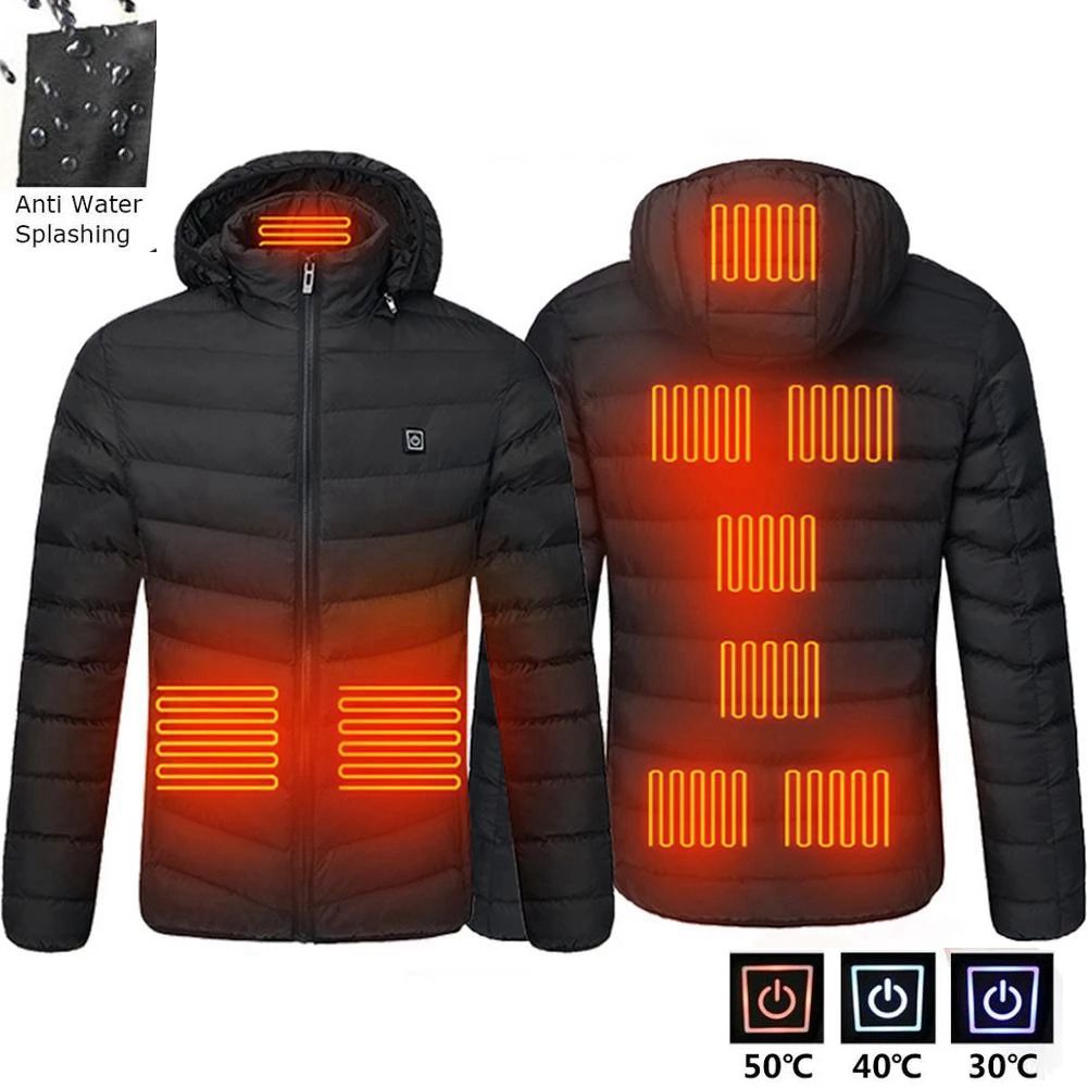Men Winter Warm USB Heating Jackets Smart Thermostat Pure Color Hooded Heated Clothing Waterproof Warm Jackets