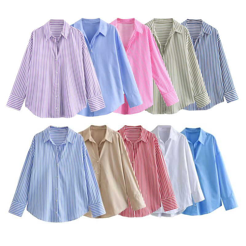 Women's long sleeved loose multi-color poplin shirt