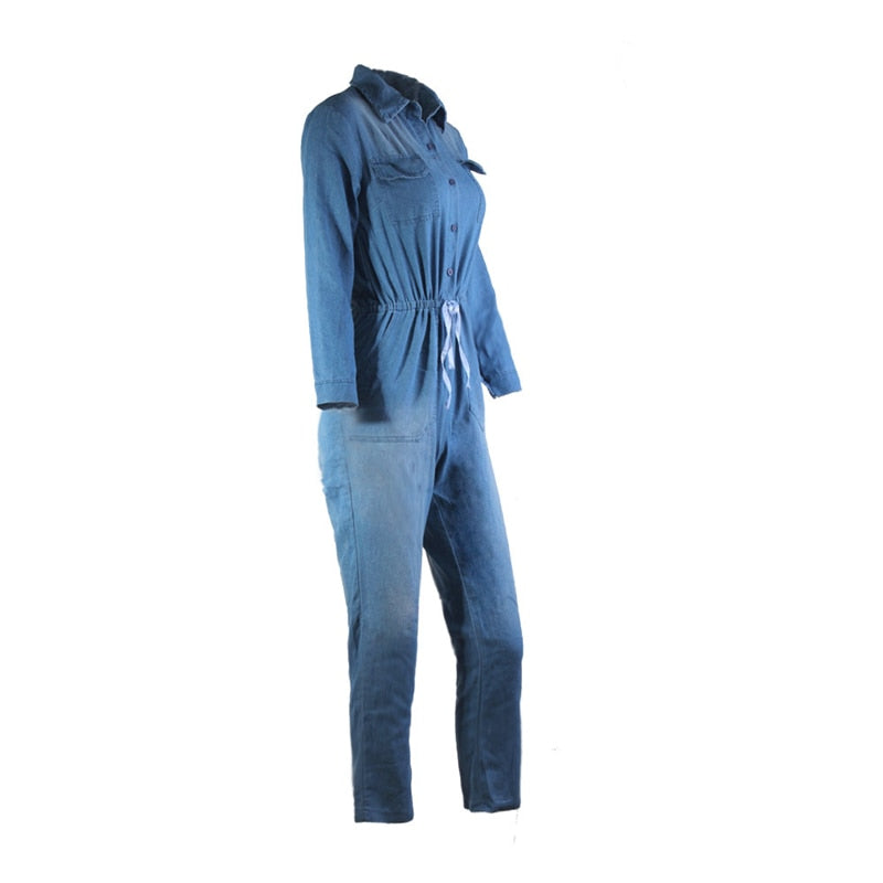 Vintage Jean Jumpsuit by Adogirl, Turn Down Collar. Long Sleeve, Denim, Bodysuits