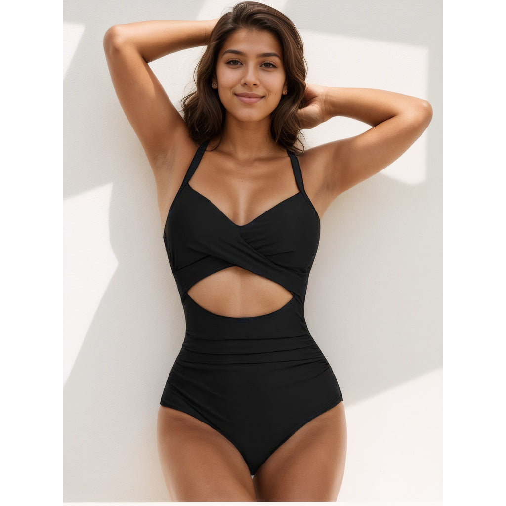 European and American one-piece hard pack swimsuit with hollowed out solid color swimsuit, women's high waisted tight fitting swimsuit
