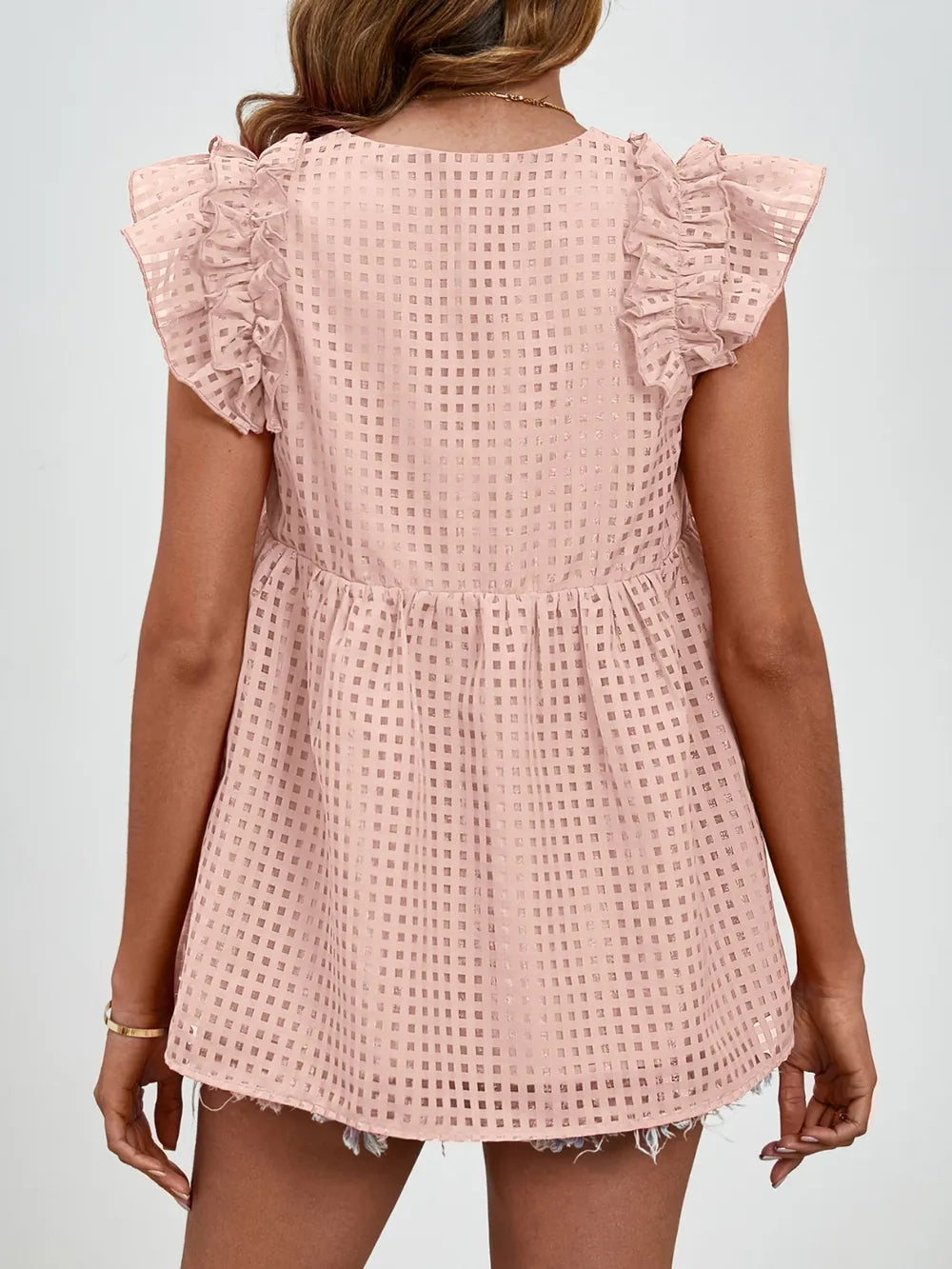 V-neck ruffled sleeve doll shirt semi transparent checkered fluffy top
