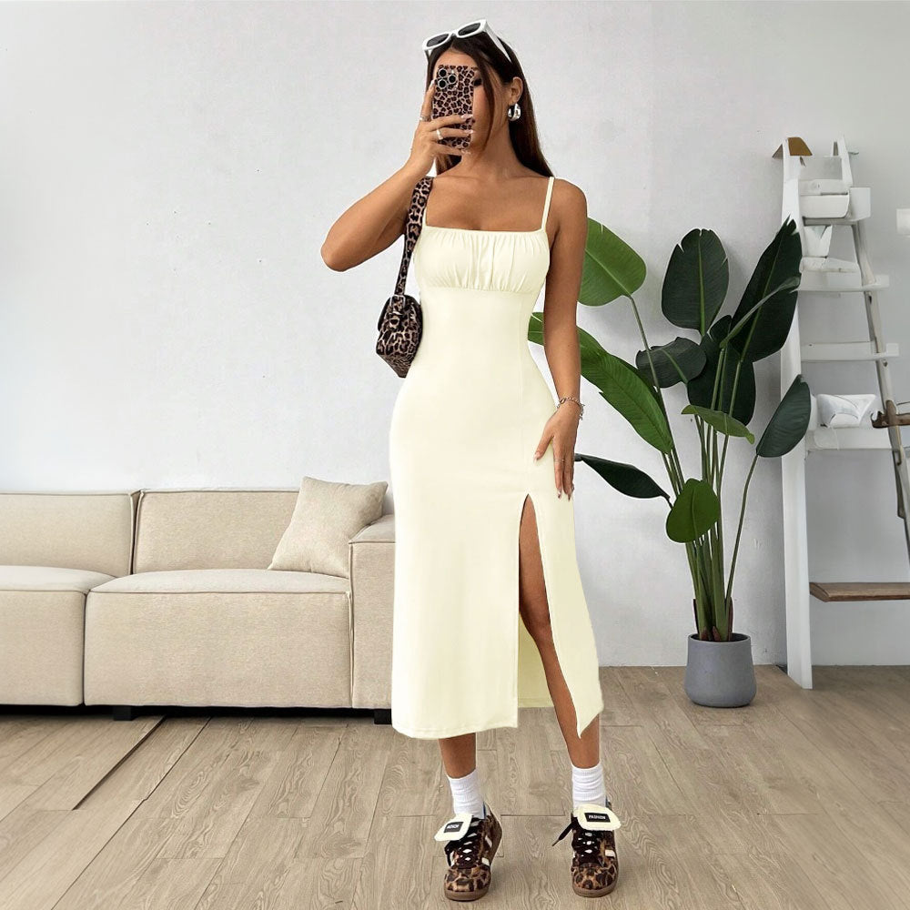 Women's minimalist style dress with high waist slit slim fit suspender mid length skirt