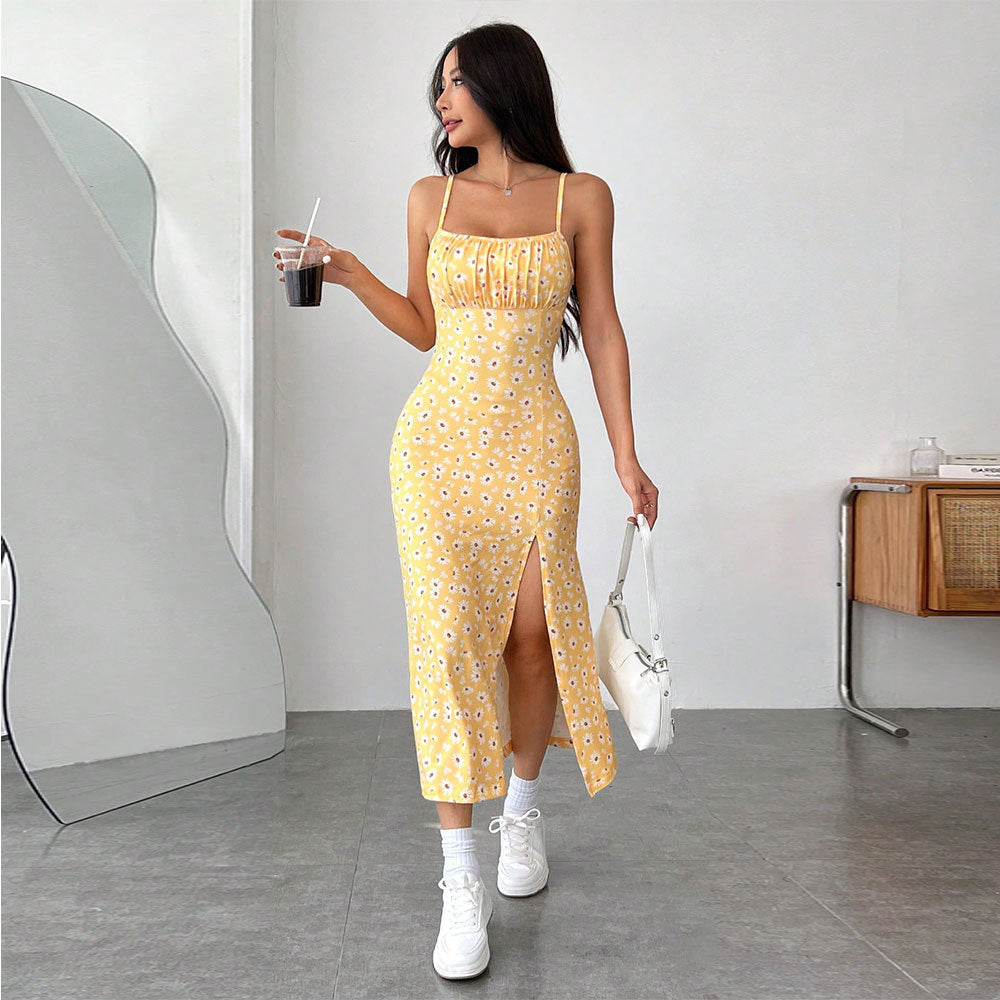 Women's minimalist style dress with high waist slit slim fit suspender mid length skirt