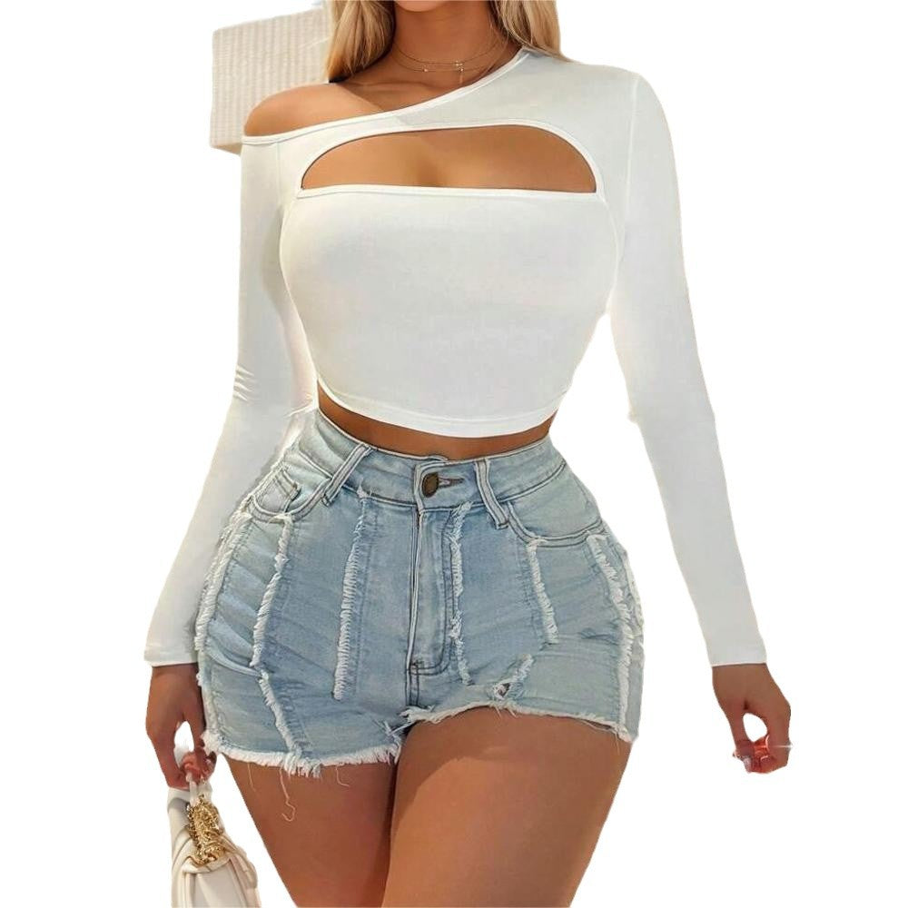 Women's simple and sexy T-shirt fashionable and versatile short off shoulder top
