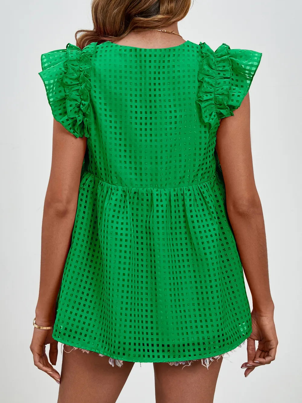 V-neck ruffled sleeve doll shirt semi transparent checkered fluffy top