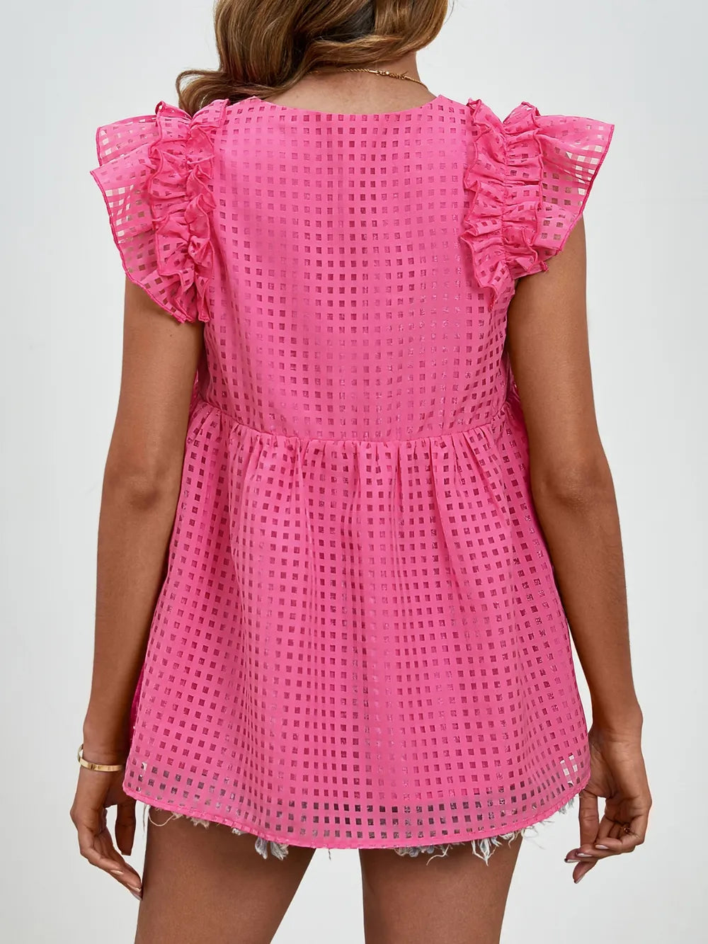 V-neck ruffled sleeve doll shirt semi transparent checkered fluffy top