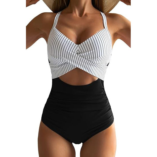 European and American one-piece hard pack swimsuit with hollowed out solid color swimsuit, women's high waisted tight fitting swimsuit