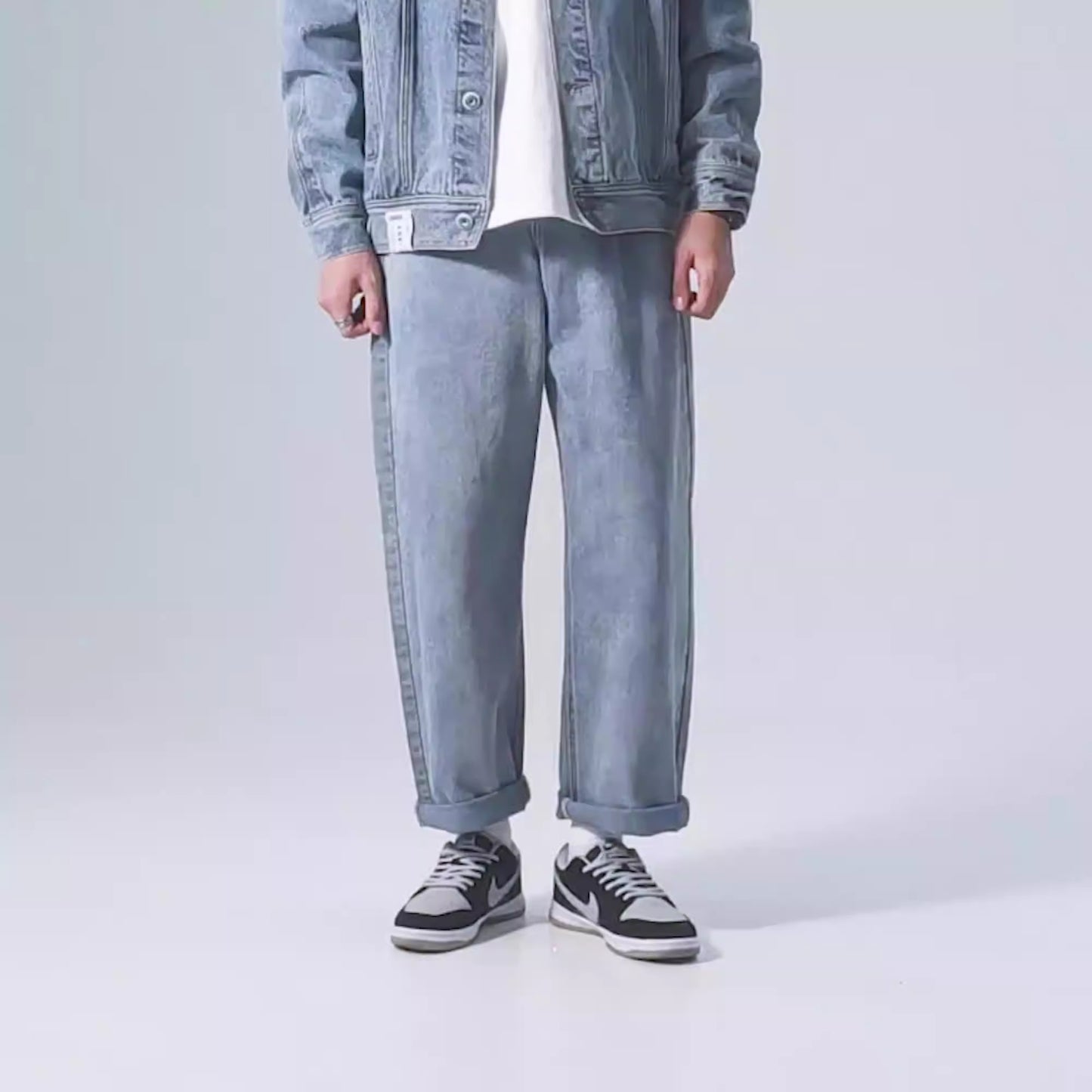 Simple solid color jeans for men washed loose straight long pants