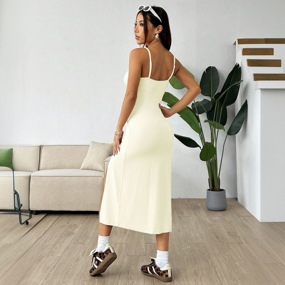 Women's minimalist style dress with high waist slit slim fit suspender mid length skirt