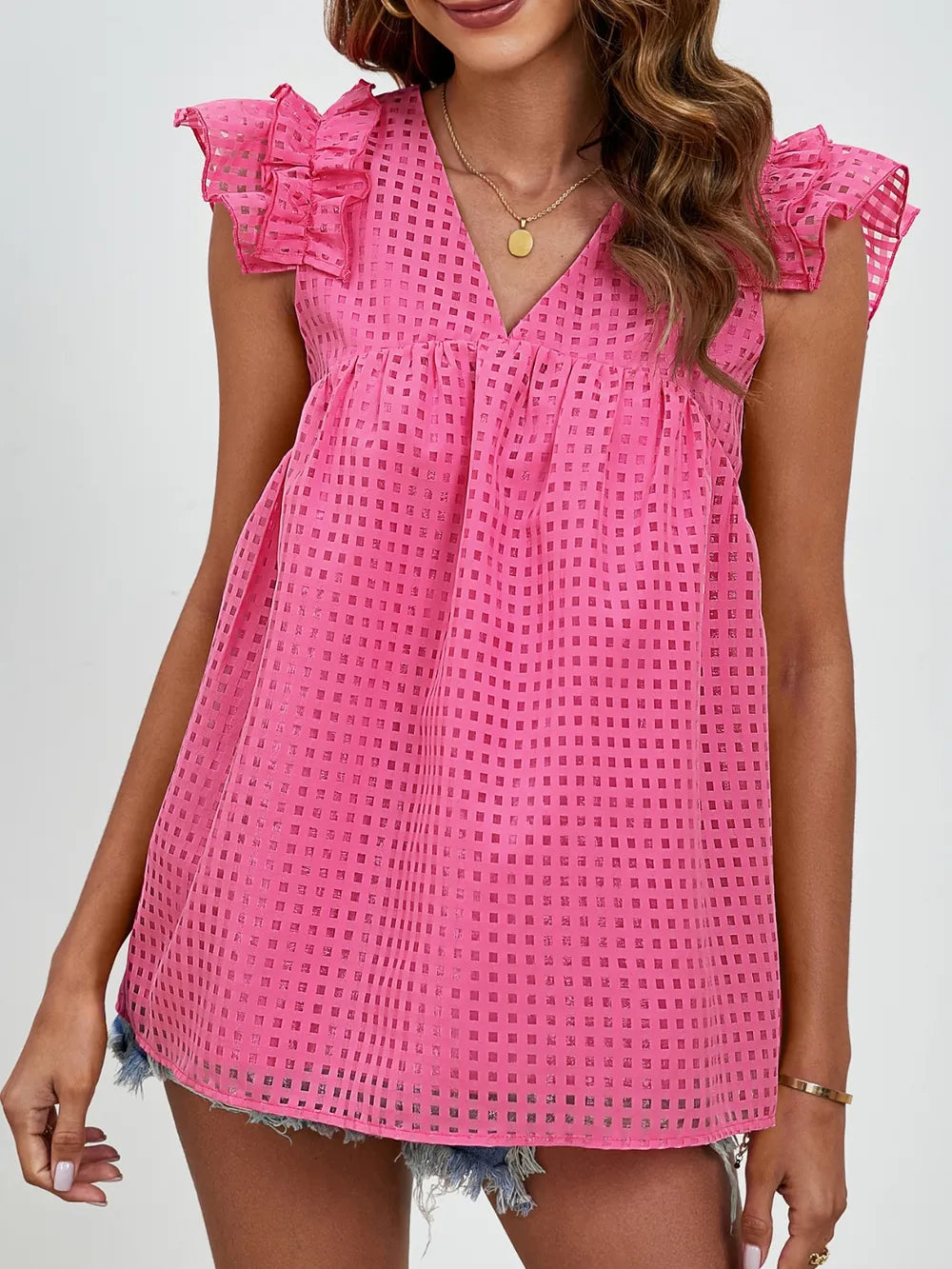V-neck ruffled sleeve doll shirt semi transparent checkered fluffy top