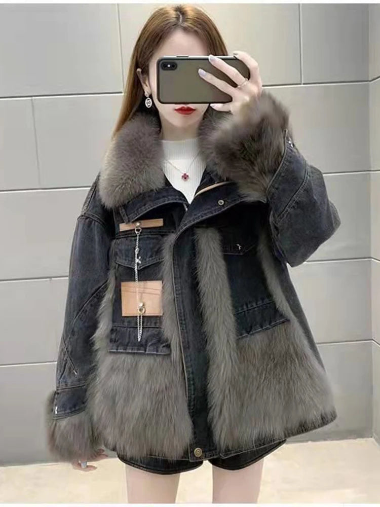 Women Winter Fashion Thick Faux Fox Fur Jackets Female Patchwork Denim Coats Ladies Long Sleeve Loose Warm Outwear