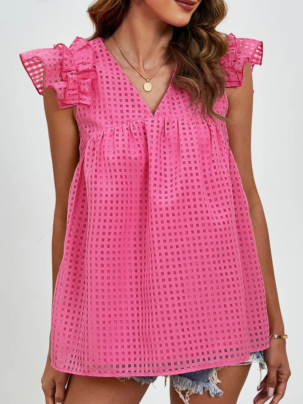V-neck ruffled sleeve doll shirt semi transparent checkered fluffy top