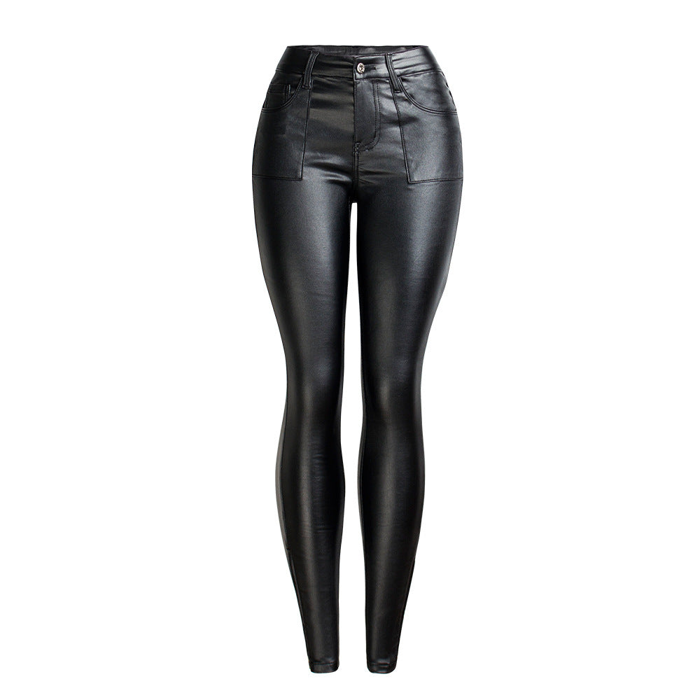 Black PU Leather Fleece Lined Woman Pants