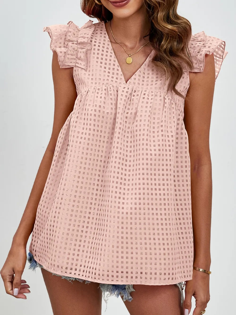 V-neck ruffled sleeve doll shirt semi transparent checkered fluffy top