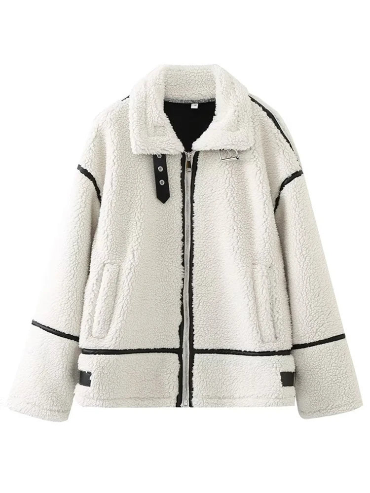 Fashion Women's Jackets Lapel Long Sleeves Zipper Loose Contart Color Patchwork Pockets Warm Coats Winter New