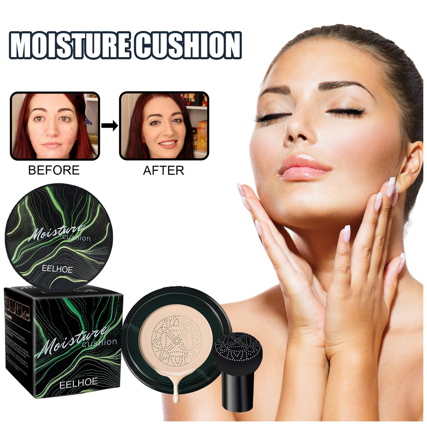 EELHOE Moisture Cushion, Hides Facial Blemishes And Brighens Natural Nude Foundation Cream