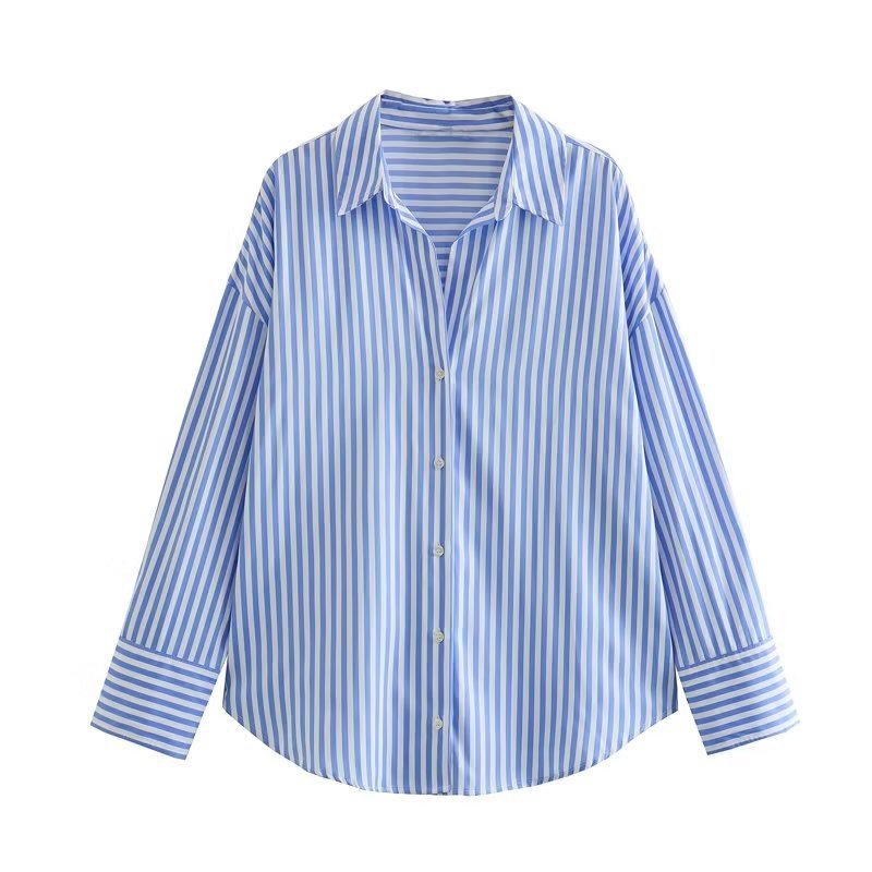 Women's long sleeved loose multi-color poplin shirt