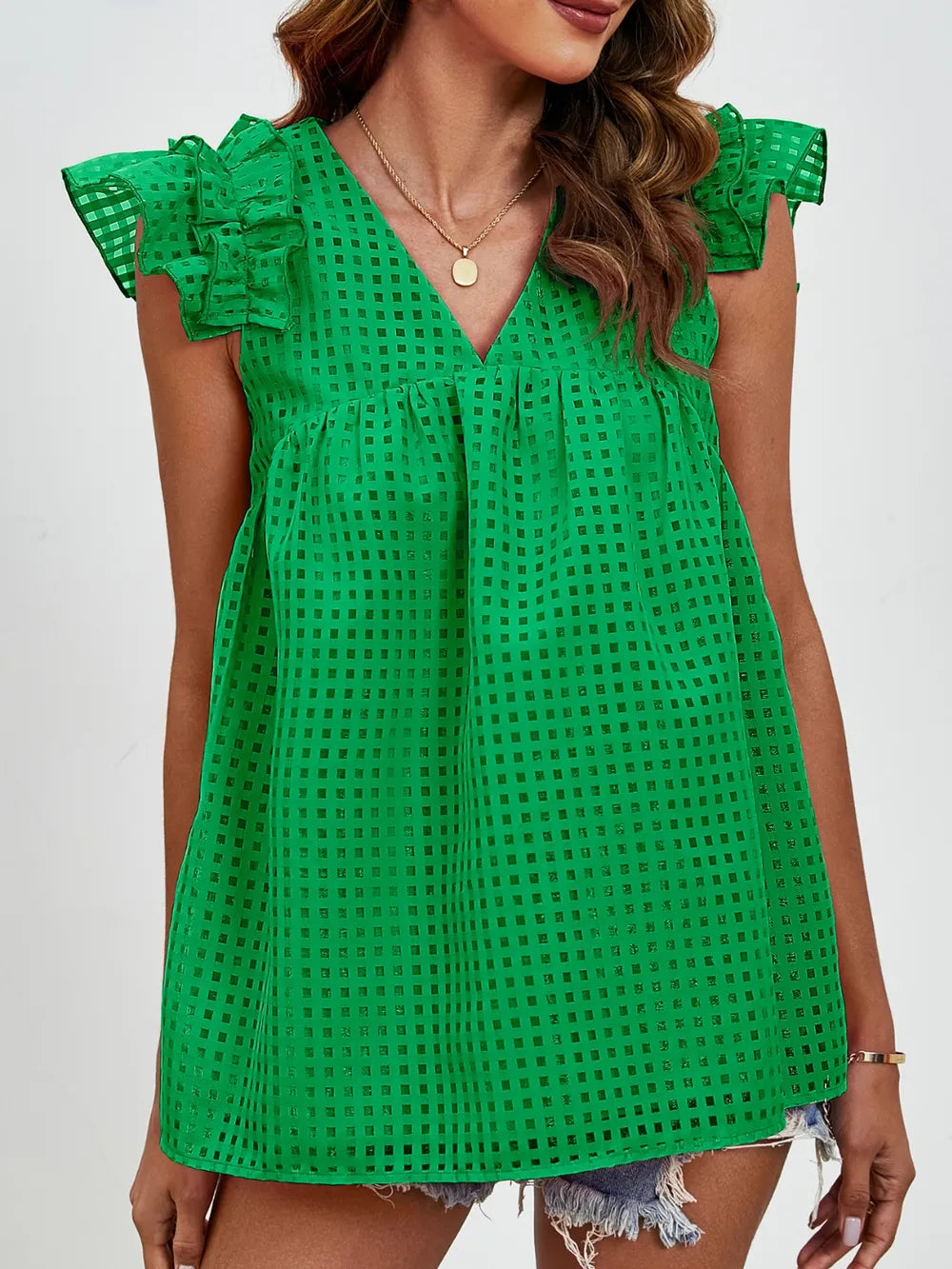V-neck ruffled sleeve doll shirt semi transparent checkered fluffy top
