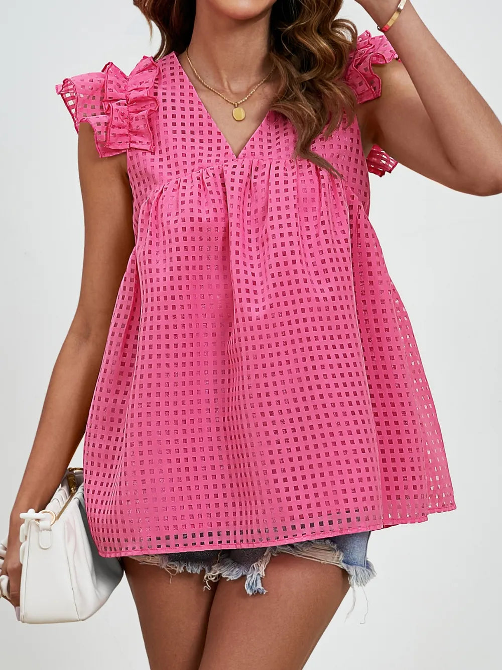 V-neck ruffled sleeve doll shirt semi transparent checkered fluffy top