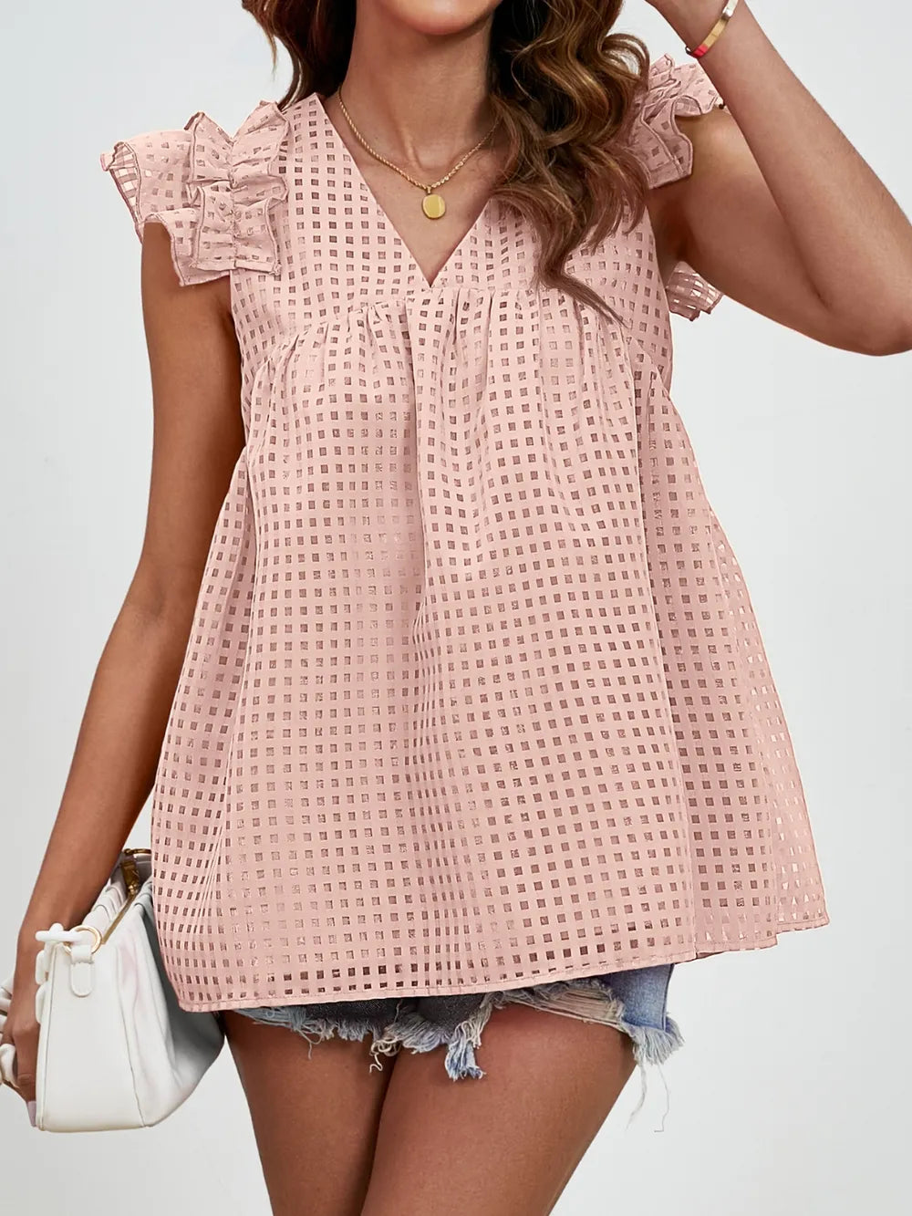 V-neck ruffled sleeve doll shirt semi transparent checkered fluffy top