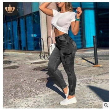 Patchwork Wide Leg Mom Jeans Vintage Mopping Pants Casual Streetwear Boyfriend Denim Jeans Big Pocket Cargo Pants