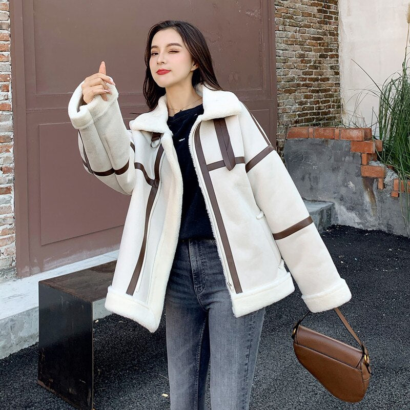 Fashion Deerskin Plush Cashmere Coat Women Clothing Autumn Winter Short Jackets Korean Lamb Hair Wool Coats Girls Tops