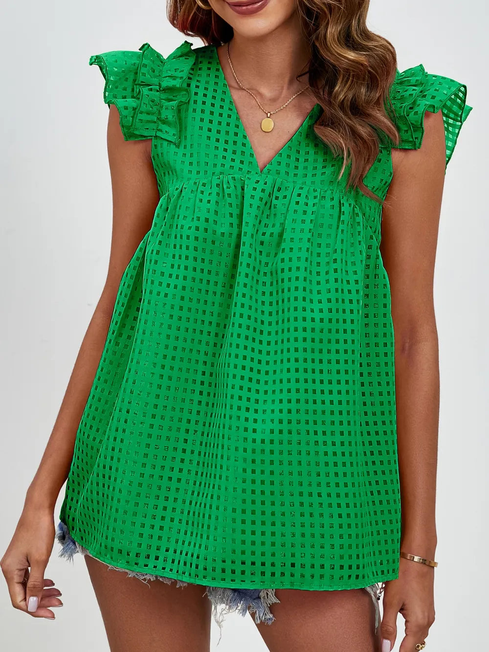 V-neck ruffled sleeve doll shirt semi transparent checkered fluffy top