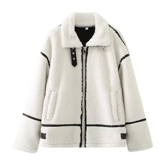Fashion Women's Jackets Lapel Long Sleeves Zipper Loose Contart Color Patchwork Pockets Warm Coats Winter New