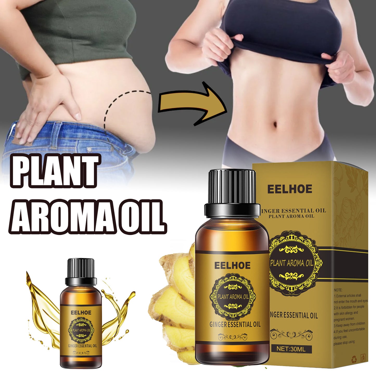 EELHOE Ginger Essential Oil Tightens Skin, Highlights Body, Gently Moisturizes And Nourishes Daily Body Massage Essential Oil