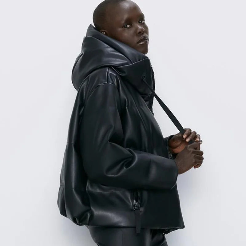 Fandy Lokar Hooded Faux Leather Parkas Women Fashion PU Leather Coats Women Elegant Zipper Cotton Jackets Female Ladies IT