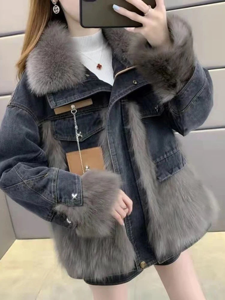 Women Winter Fashion Thick Faux Fox Fur Jackets Female Patchwork Denim Coats Ladies Long Sleeve Loose Warm Outwear
