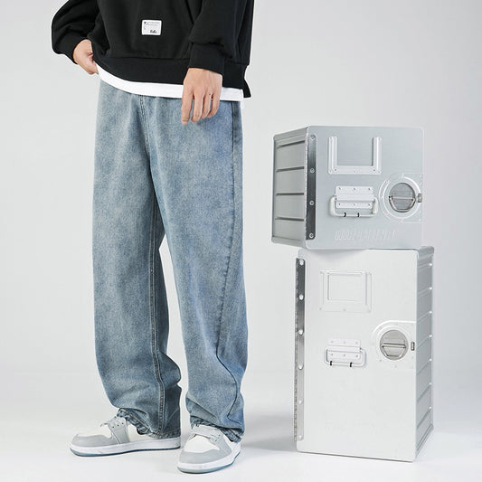 Simple solid color jeans for men washed loose straight long pants