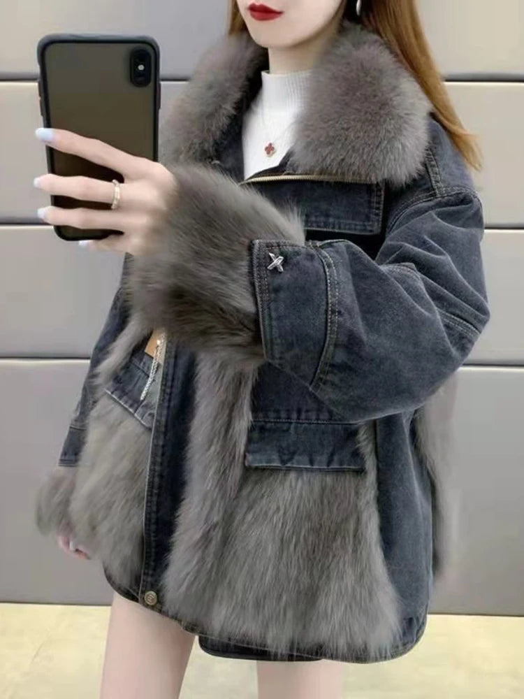 Women Winter Fashion Thick Faux Fox Fur Jackets Female Patchwork Denim Coats Ladies Long Sleeve Loose Warm Outwear