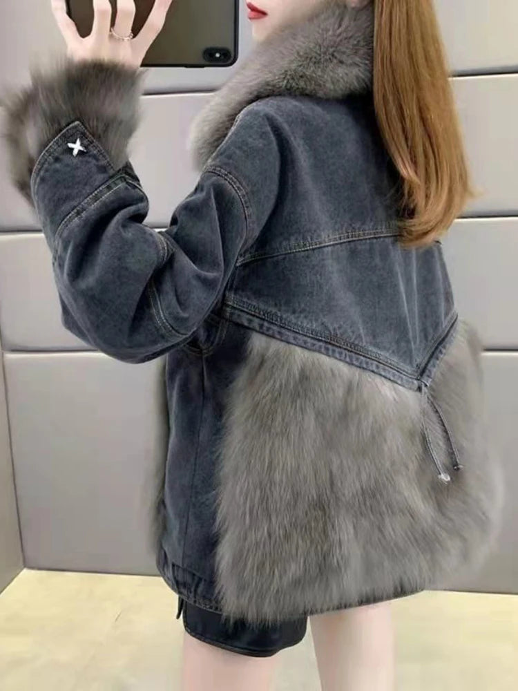 Women Winter Fashion Thick Faux Fox Fur Jackets Female Patchwork Denim Coats Ladies Long Sleeve Loose Warm Outwear