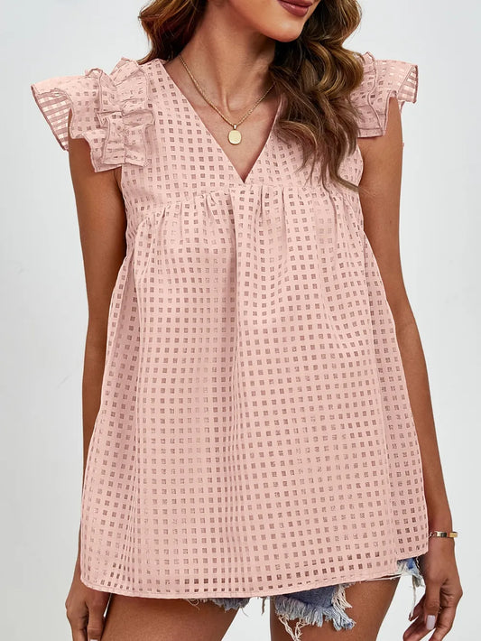 V-neck ruffled sleeve doll shirt semi transparent checkered fluffy top
