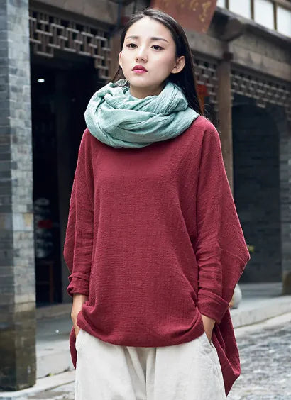 Cotton And Linen Breathable Retro National Long Sleeve Pullover T-shirt