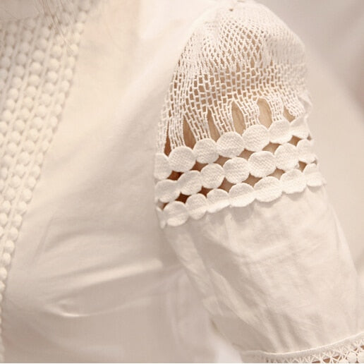 Women Blouses Slim Bottoming Long-sleeved White Shirt Lace Hook Flower Hollow Plus Size S-5XL