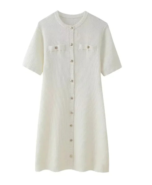 Classic Round Neck Button-Accent Dress